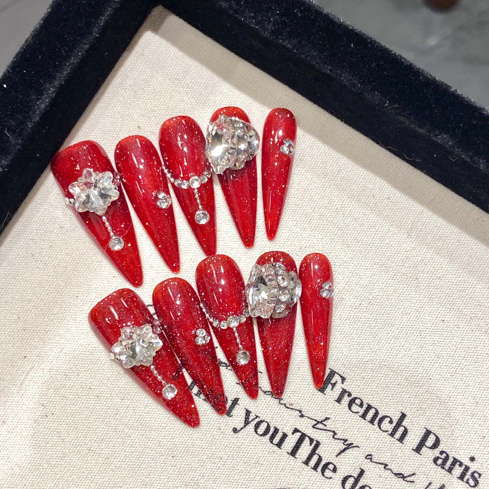 10pcs Handmade Red False Nails - Resin Art Flower ulasan dan harga