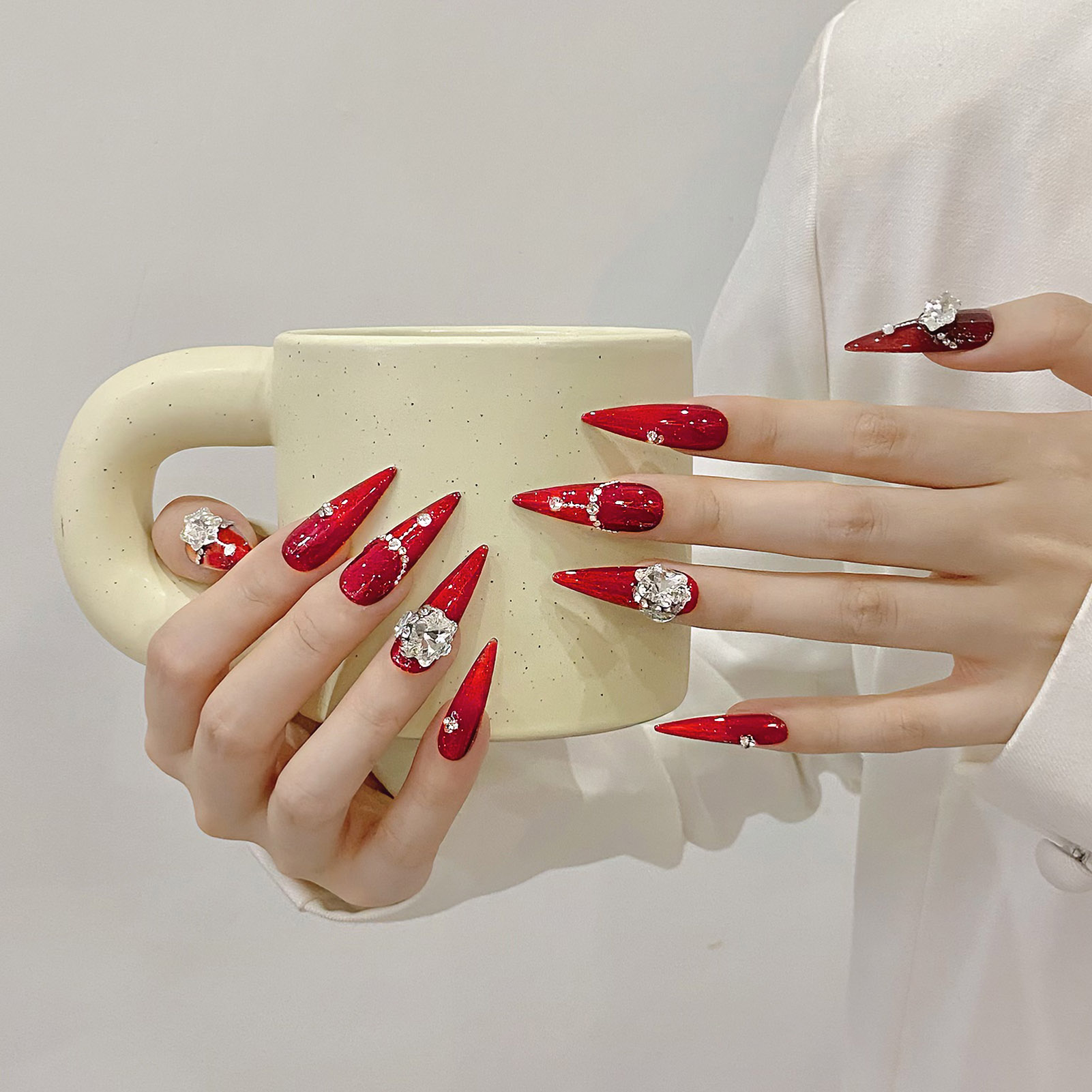 10pcs Handmade Red False Nails - Resin Art Flower ulasan dan harga