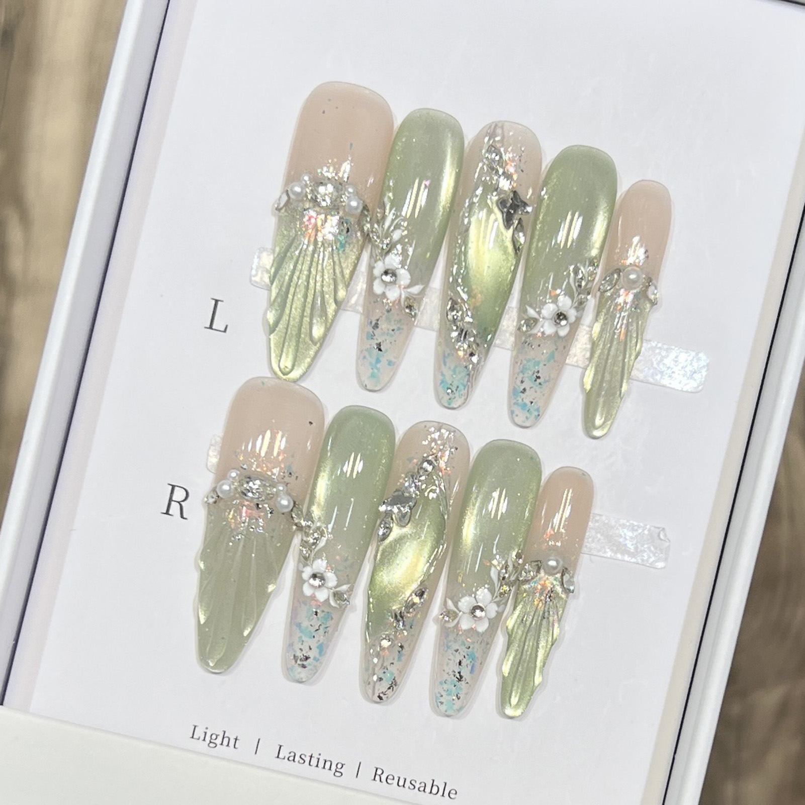 10pcs Long Almond Fake Nails T - Resin Art Flower ulasan dan harga